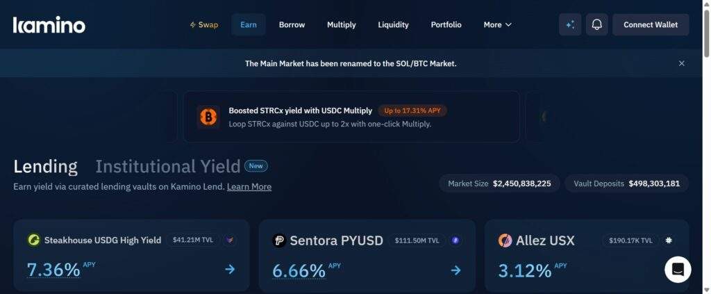 Kamino Finance is a Solana DeFi protocol for swapping tokens
