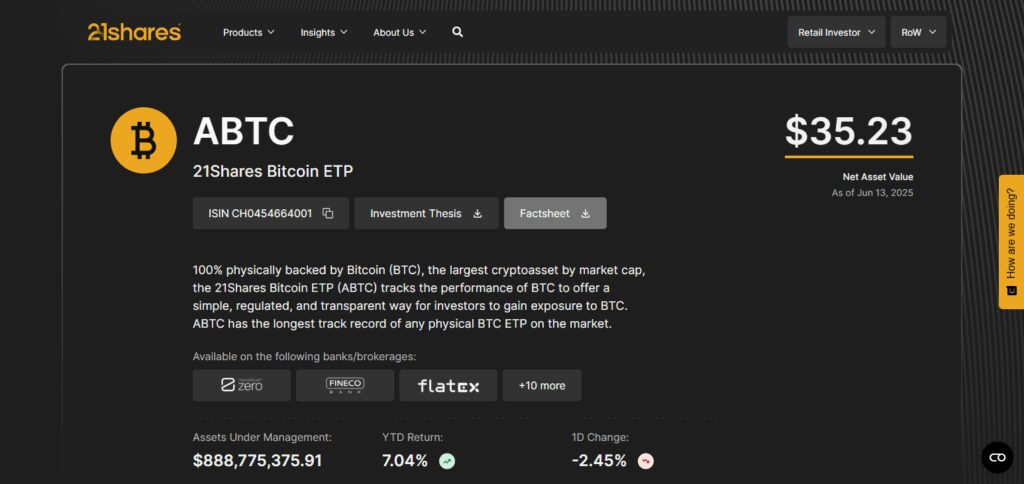 10 Best Crypto ETFs in Europe for Secure & Regulated Investment 6 21Shares Bitcoin ETP (CH0454664001)