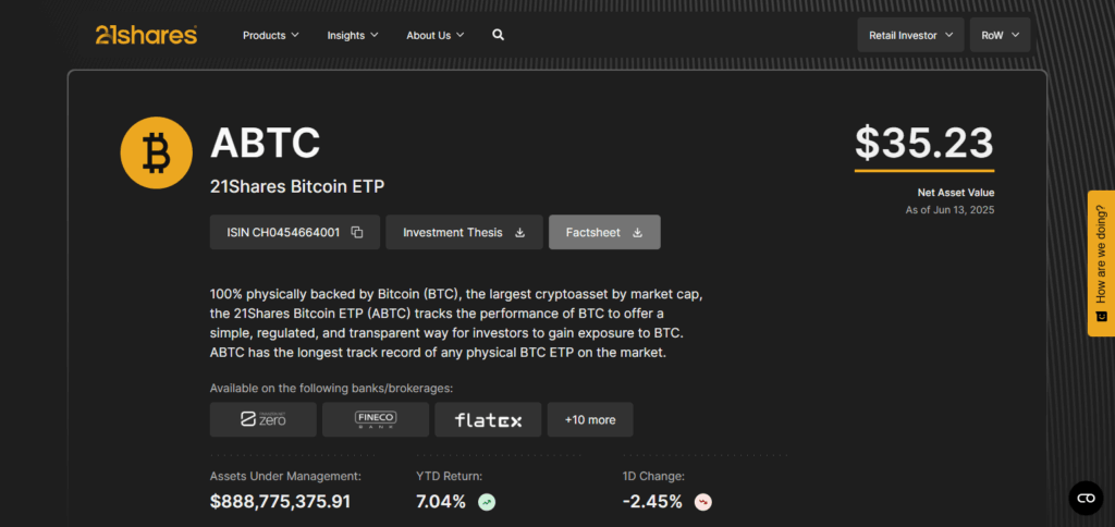 21Shares Bitcoin ETP (CH0454664001)