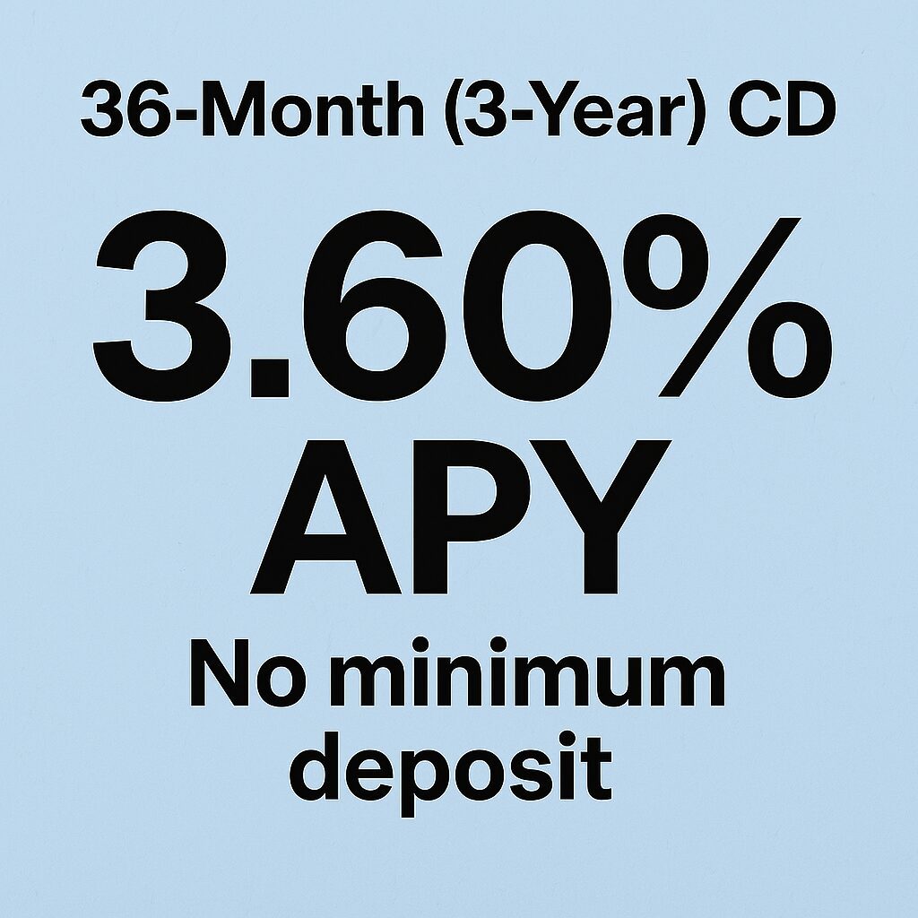 36-Month (3-Year) CD – 3.60% APY, no minimum deposit