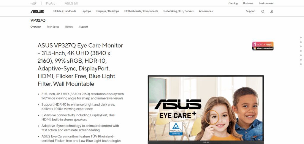 10 Best Gaming Monitors with Eye Comfort Mode 9 ASUS VP327Q 4K Monitor