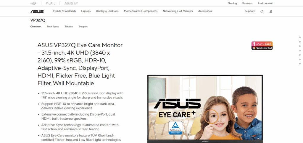 10 Best Gaming Monitors with Eye Comfort Mode 9 ASUS VP327Q 4K Monitor