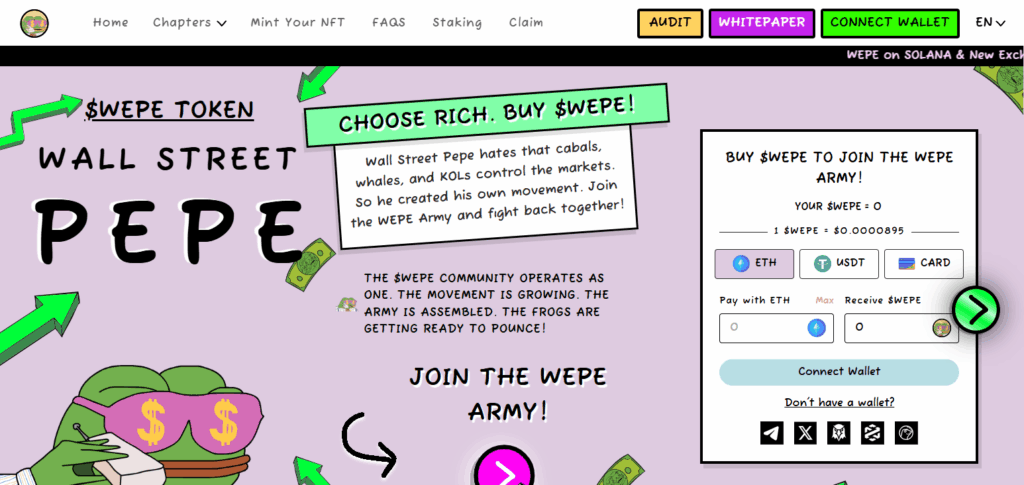 10 Crazy Low-Cap Crypto Alternatives with Moonshot Potential 7 Wall Street Pepe ($WEPE)