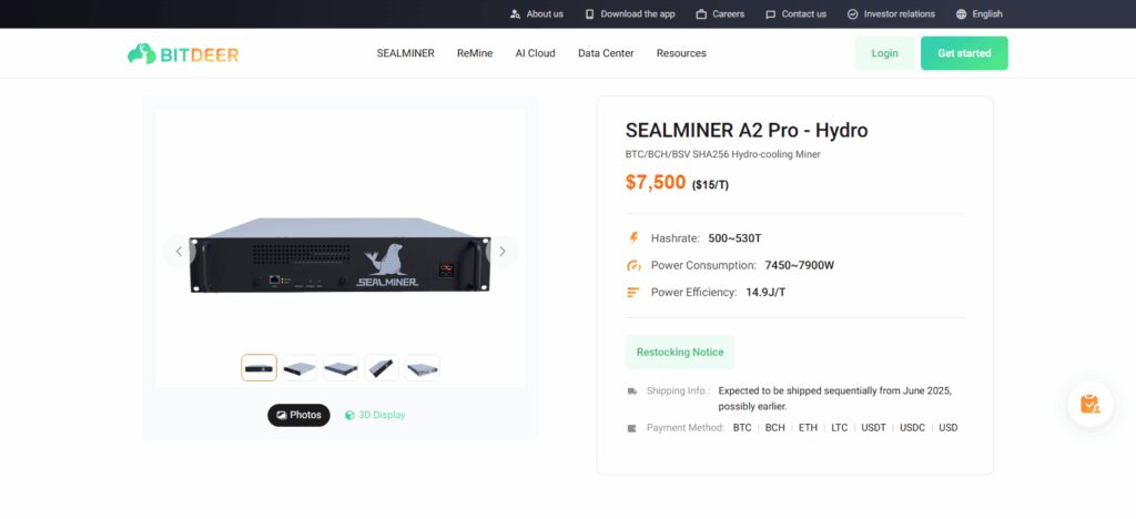 Bitdeer SealMiner A2 Pro Hydro