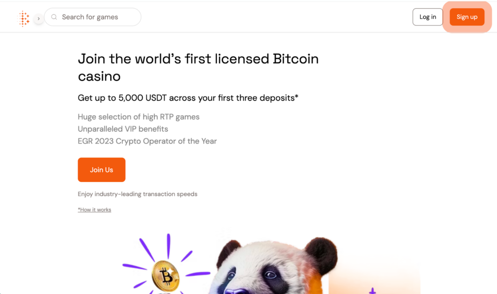 Bitcasino homepage featuring instant Bitcoin gaming and loyalty rewards program.