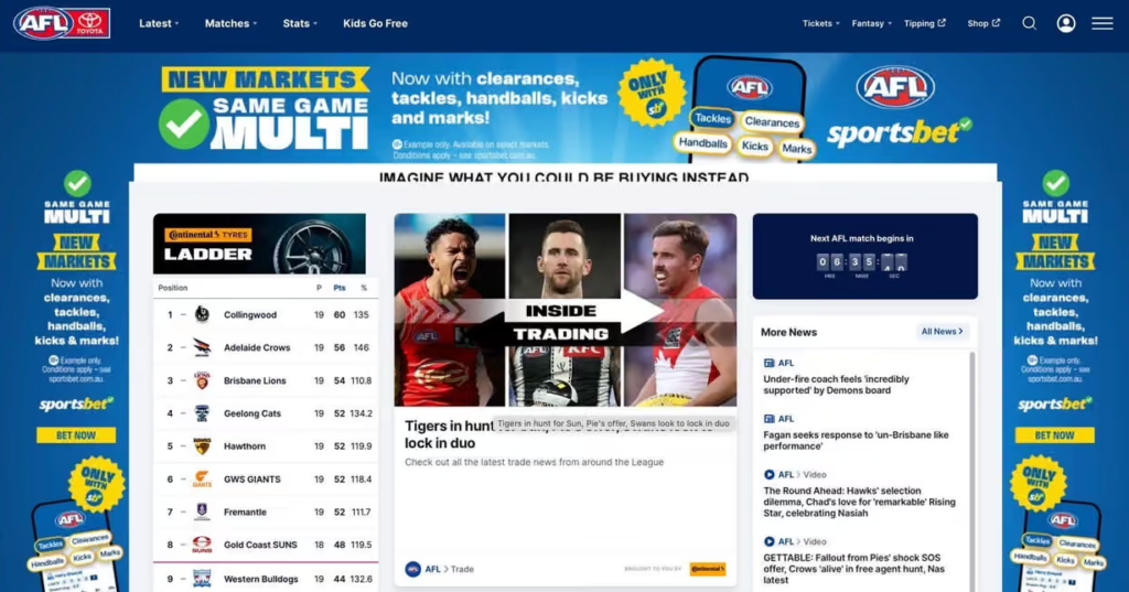 Sportsbet.io homepage displaying sports betting markets and cryptocurrency options.