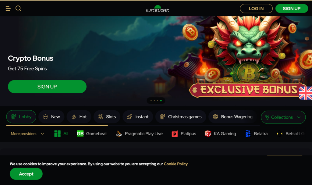 KatsuBet casino featuring Japanese-themed design and cryptocurrency gaming.