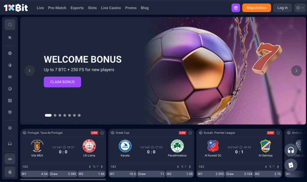 1xBit platform featuring extensive sports betting and casino game options.