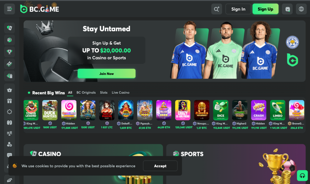 BC.Game homepage featuring diverse cryptocurrency gaming options and bonus offers.