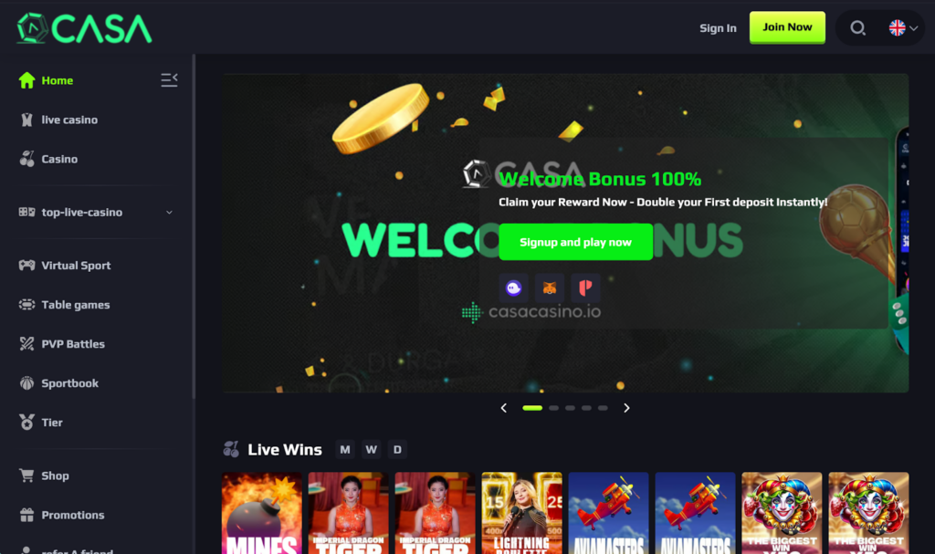 Modern cryptocurrency casino featuring instant Bitcoin deposits and multilingual support.
