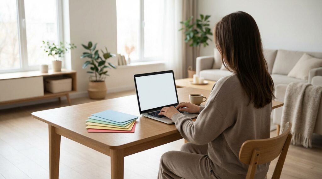 A person working on a laptop at home with various voucher cards on the table, symbolizing secure and private online transactions.

