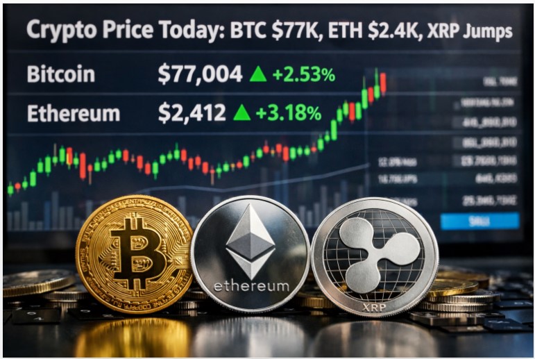 Crypto Price Today: BTC $77K, ETH $2.4K, XRP Jumps