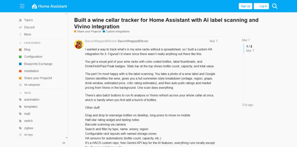 Home Assistant Wine Tracker (Custom Integration)