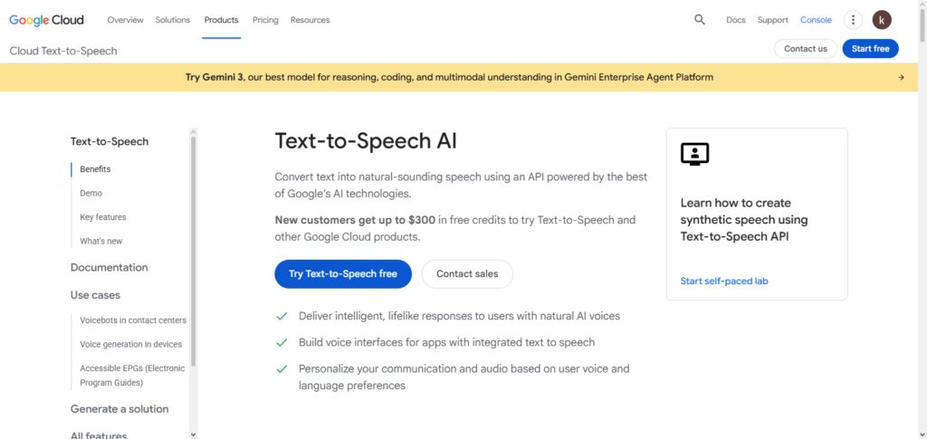 Google Cloud Text‑to‑Speech API
