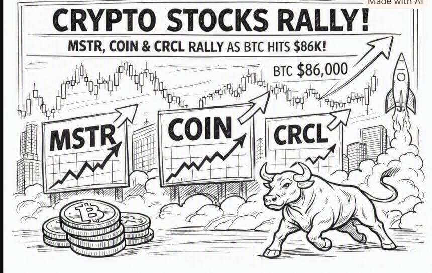 Crypto Stocks MSTR, COIN & CRCL Rally as BTC Hits $86K