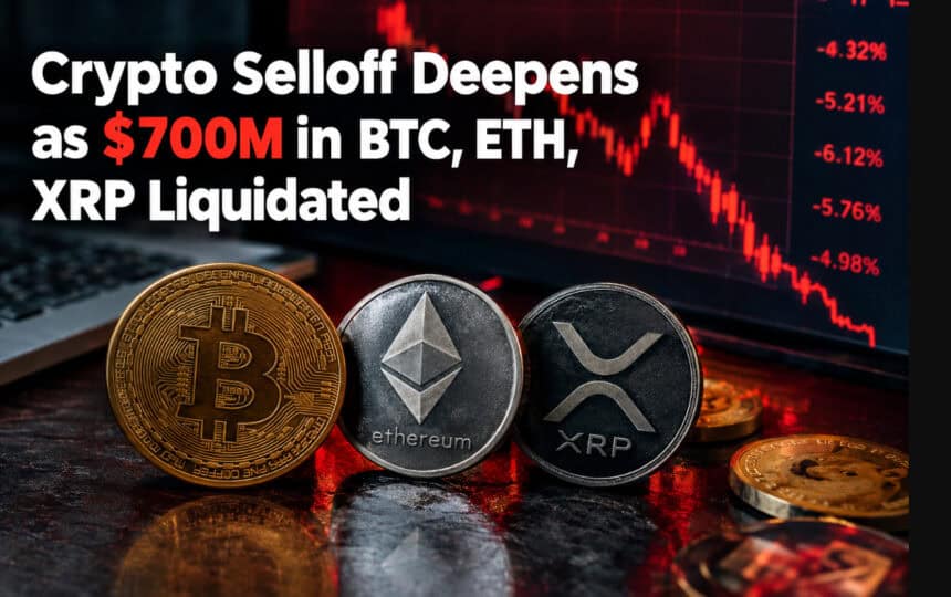 Crypto Selloff Deepens as $700M in BTC, ETH, XRP Liquidated